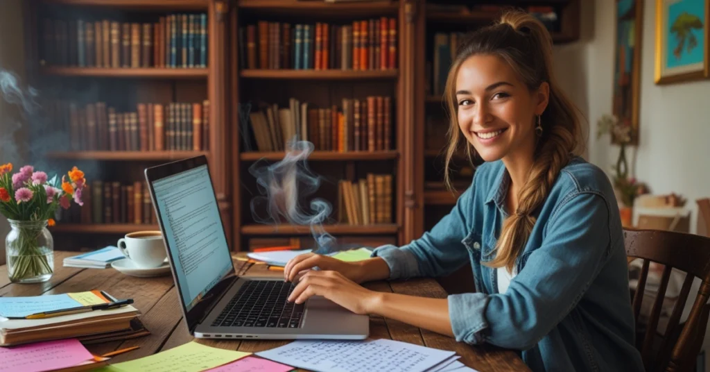 Beginner freelance writer working from home on a blog post using a laptop, surrounded by writing tools