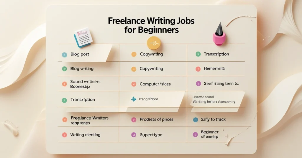 Visual chart of freelance writing job types for beginners, including blog writing, copywriting, and transcription
